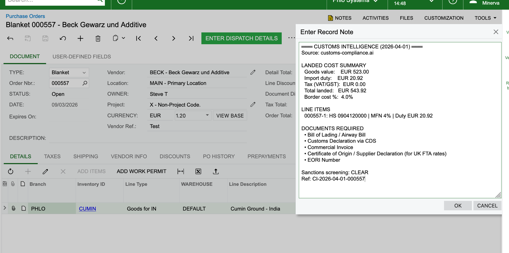 Acumatica Purchase Order with customs intelligence summary in the Notes field showing landed cost, documents required, and sanctions status