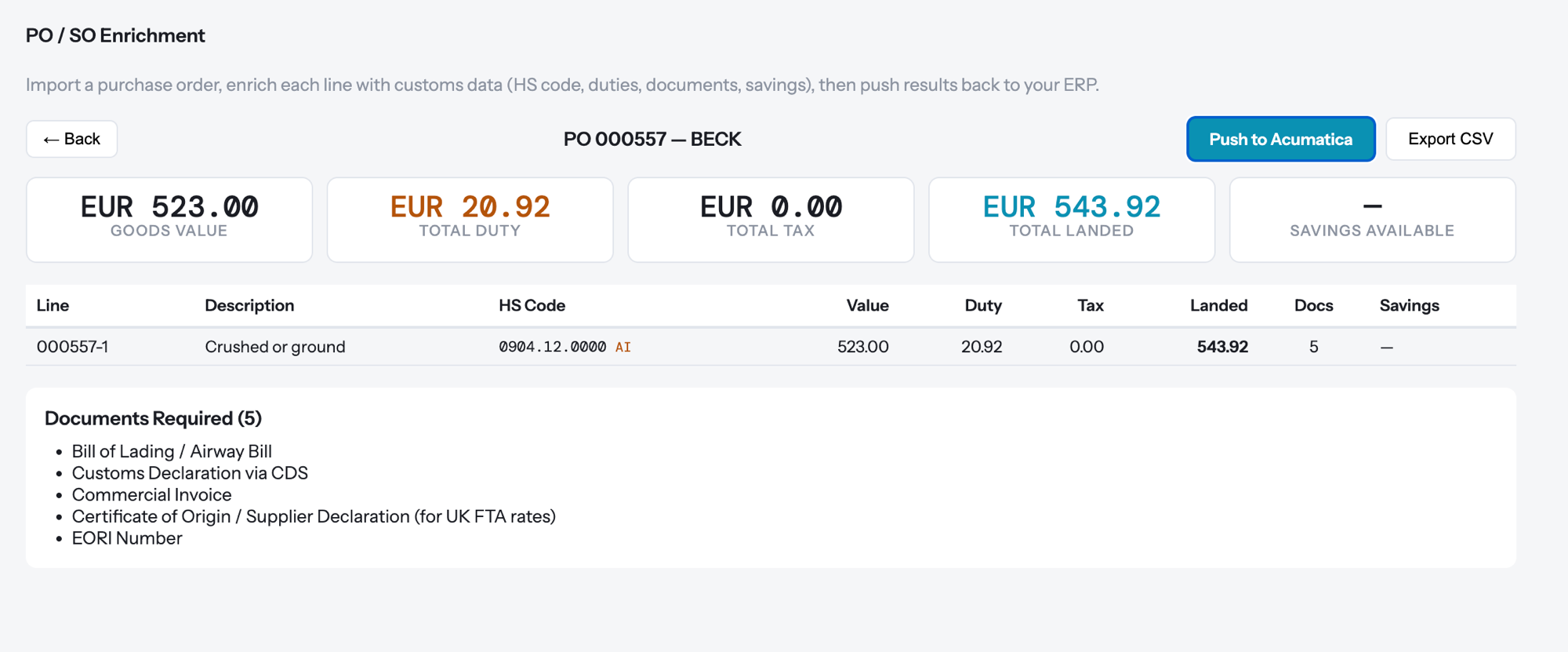 PO Enrichment results showing landed cost breakdown per line item with HS code, duty, tax, and required documents